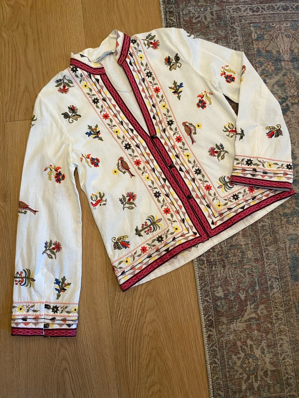 Zara Embroidered Cotton Linen Jacket Birds Flowers Boho Artisan Folk Size Small